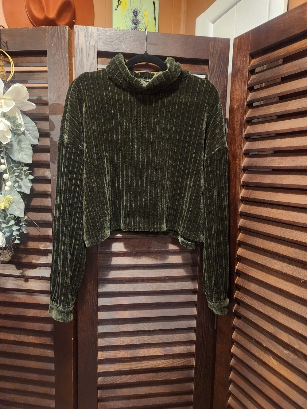 Altar'd State Olive Green Velvet Ribbed Cowl Neck Cropped Sweater